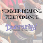 A photo of people hitting hand drums with text that says "Summer Reading Performance: Drummunity: Rhythmic fun for everyone"