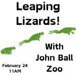 Leaping Lizards! With John Ball Zoo. February 24 at 11am. Image of a frog in stages of jumping.